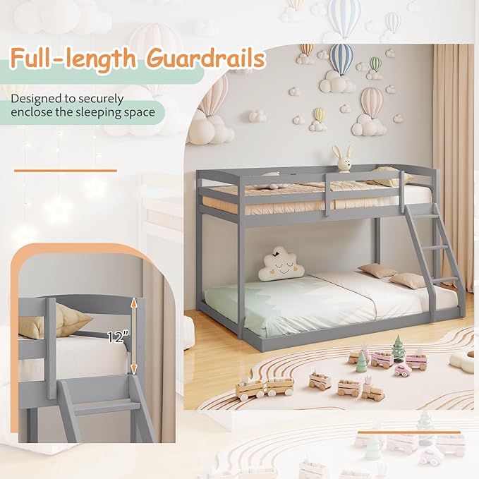 KOMFOTT Low Bunk Bed Twin Over Full, Solid Wood Twin Bed Frame with Built-in Ladder & Safety Guardrails, Space-Saving Low Bunk Bed for Kids, Teens, No Box Spring Needed