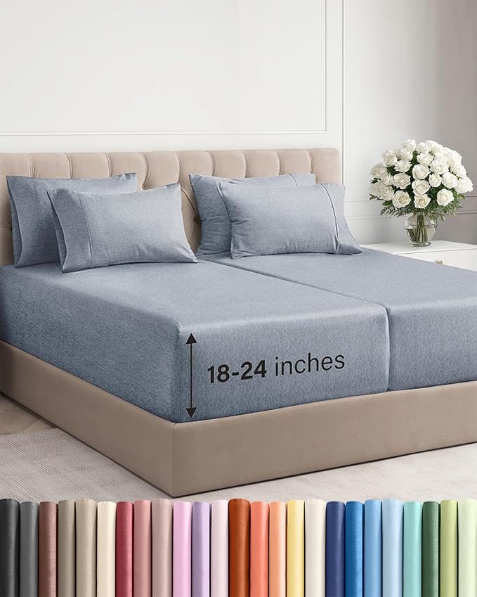 Extra Deep Split King Sheet Set - 7 Piece Breathable & Cooling Sheets - Hotel Luxury Bed Sheets Set - Easy Fit - Soft, Wrinkle Free & Comfy Sheets Set - Heathered Blue Sheet Set w/Extra Deep Pockets