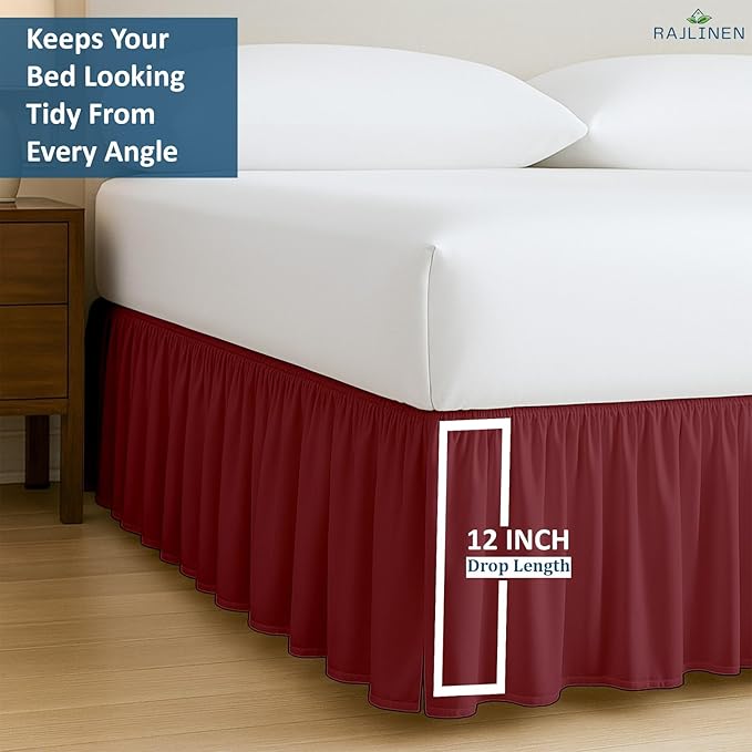 Rajlinen Ruffled Bed Skirt Twin XL, 12 Inch Drop Dust Ruffle with Split Corners, 100% Microfiber Bedskirt with Platform, Three-Sided Coverage Ruffled Gathering Design, Burgundy
