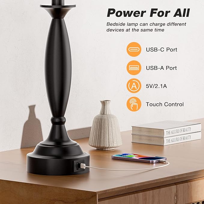 Seealle Beige Lamps for Bedrooms Set of 2 - Touch Control Bedside Lamp with USB C+A, 3 Way Dimmable Nightstand Lamps with USB Port, Table Lamp for Living Room(Beige Shade and Black Base)