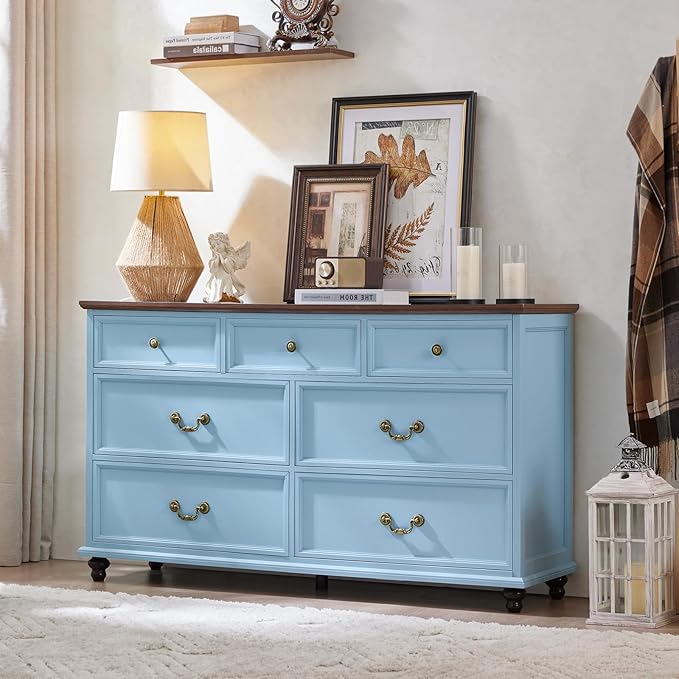 24" Wide Farmhouse Nightstand with Charging Station Set of 2, 54" 7 Drawers Dresser, 45" Tall Rustic Chests of 5 Drawers, Farmhouse Furniture Series for Bedroom,LightBlue