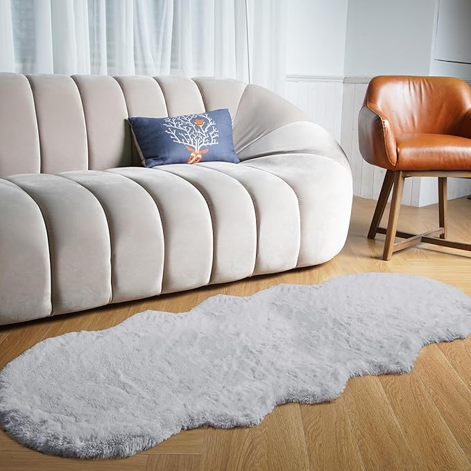 Latepis Grey Rugs for Bedroom 2x6 Furry Runner Rugs Faux Fur Washable Fluffy Rabbit Shag Rug for Living Room Nursery Kids Rug Room Decor Sheepskin