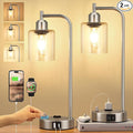 Industrial Table Lamps for Bedrooms Set of 2 - Fully Dimmable Bedside Lamps with USB A and C Ports and Outlet, Nickel Nightstand Lamps with Glass Shade for Living Room, Desk Lamps for Office Reading