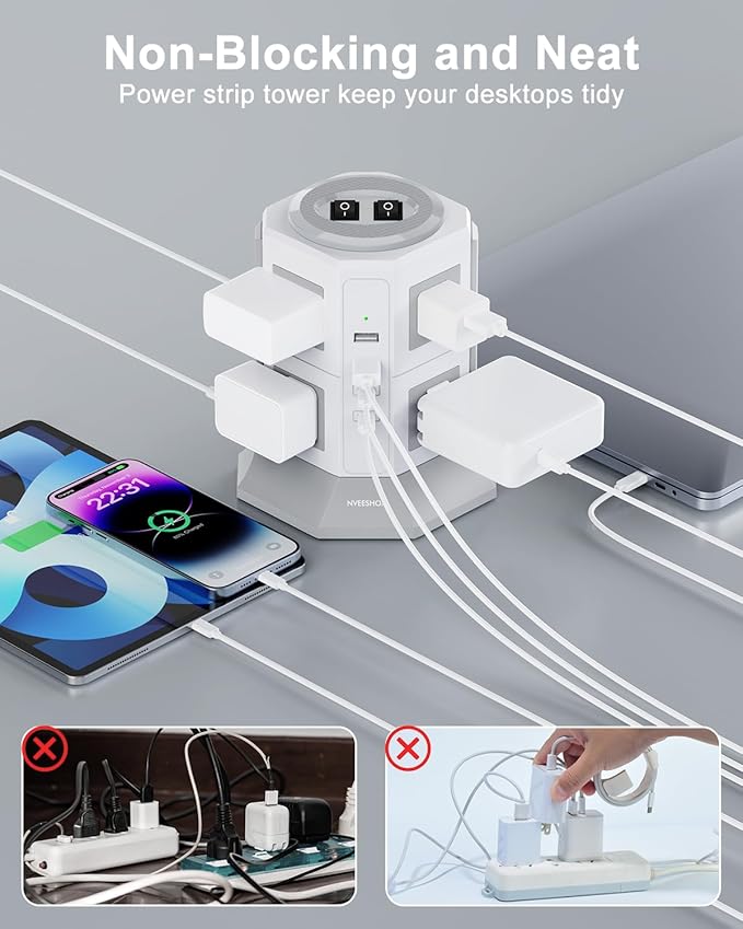 Tower Surge Protector Power Strip Flat Plugs with 8 Outlets 4 USB Ports (2 Type C), 6.5 FT Flat Extension Cord with Multiple Outlets, Charging Station with Surge Protection for Home Office Dorm