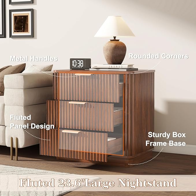 LYNCOHOME Fluted Night Stand Set of 2, Large 3 Drawer Nightand, Wood Bedside Table, Multifunctional Bed Side Table & End Table, Dresser for Bedroom, Living Room Closet, Walnut