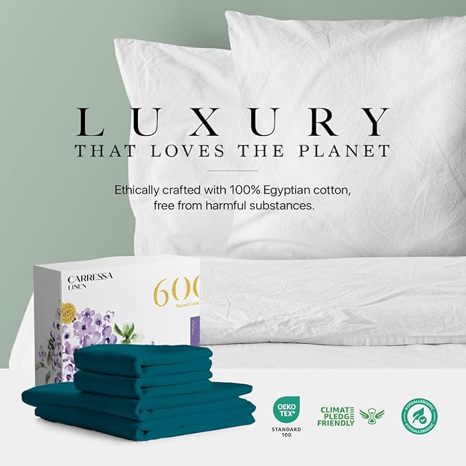 Carressa Linen 100% Egyptian Cotton Queen Sheet Set - 600 Thread Count Egyptian Cotton Queen Sheets Set (4 PC, Peacock Teal), Ultra Soft, Cooling, 16" Deep Pocket Sateen Weave Luxury Hotel Bed Sheet