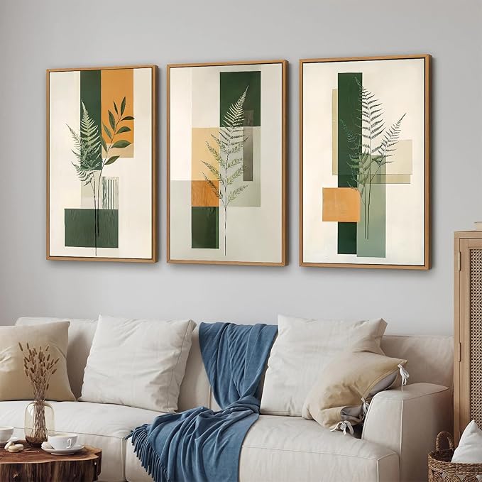 Yeehomedec Sage Green Fern Leaf Framed Canvas Wall Art, Boho Abstract Wall Decor, Rustic Neutral Modern Botanical Art Print, Beige Minimalist Plant Artwork for Living Room Bedroom Office Bathroom 16"x24"x3