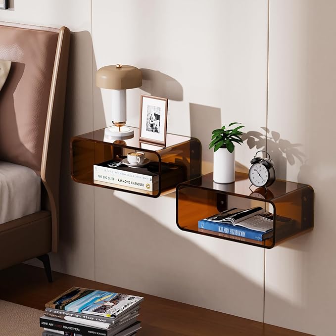 Acrylic Floating Nightstand, Bedside Table, Nightstand Shelf Wall Mounted Bedside Shelf (Dark Brown, Small)