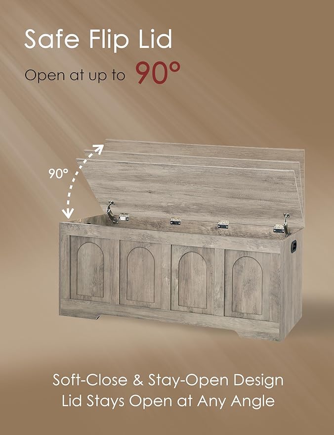 DINZI LVJ Storage Chest, 47.2" Rattan-Like Toy Box with 2 Safety Hinges, Wooden Entryway Storage Bench with Flip-Top, Large Trunk for Living Room, Bedroom, Easy Assembly, Gray Wash