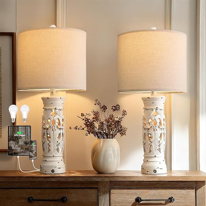 BOBOMOMO 27.25” Farmhouse Table Lamps Set of 2 – Antique White Bedside Lamps with Night Light & USB A+C Ports, Vintage Lamps for Bedroom, Living Room, Entryway, Console Table (Bulbs Included)