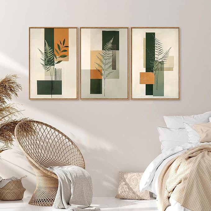 Yeehomedec Sage Green Fern Leaf Framed Canvas Wall Art, Boho Abstract Wall Decor, Rustic Neutral Modern Botanical Art Print, Beige Minimalist Plant Artwork for Living Room Bedroom Office Bathroom 16"x24"x3