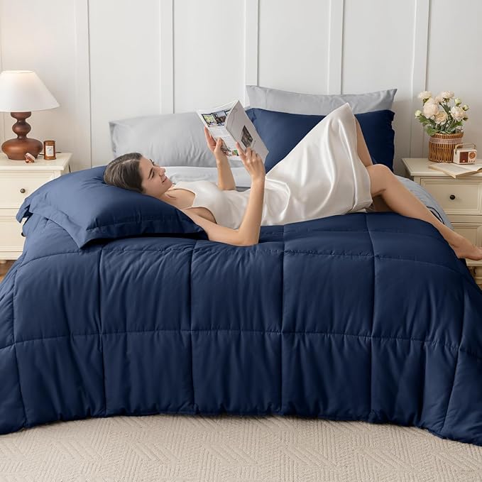 JOLLYVOGUE California King Comforter Set, Ultra-Soft Cal King Size Comforter Sets, 7-Piece Bed in a Bag, Goose Down Alternative, Oeko-TEX Certified, Sheets & Pillowcases, Navy Blue & Light Grey