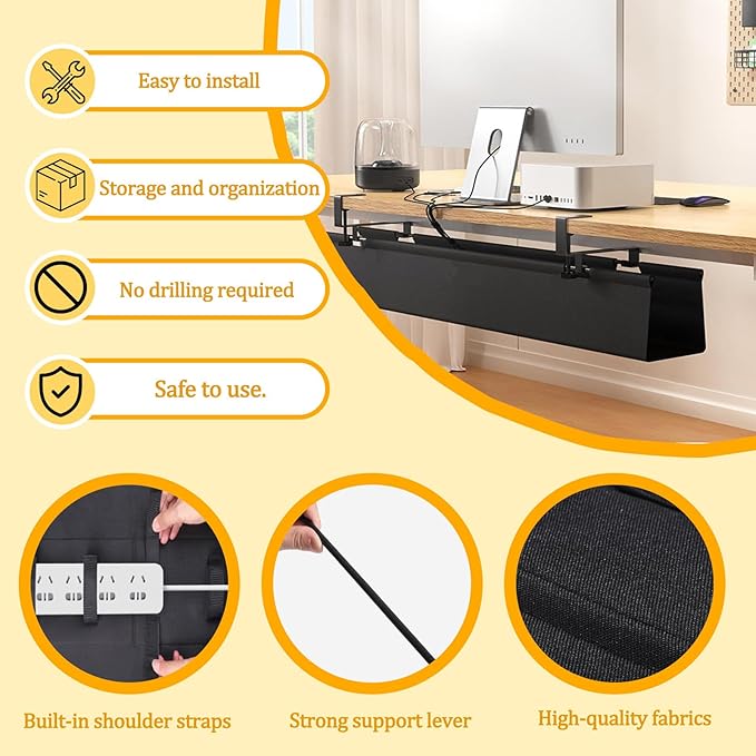 No Drill Under-Desk Cable Management Tray, Desktop Cable Organizer, Fabric Storage Tray, Two Installation Methods, Suitable for Office/Home Use. (13 * 27in)