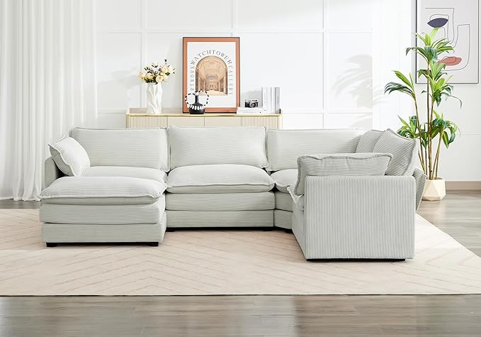 ROWHY 113'' Modular Sectional Cloud Corner Couch, 5 Seater L Shape Sofa Big Comfy Corduroy Oversized Couch with 2 Pillows Movable Ottoman, Deep Seat Sectional Couches for Living Room Office Light Grey