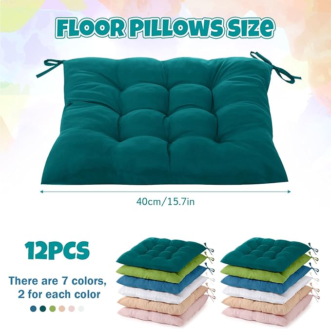 Geetery 12 Pcs Floor Pillows for Classroom Bulk Square Seating Cushions for Floor Chair School Kindergarten Reading Corner, 15.7'' Large Thick Meditation Cushions Yoga Nursery Daycare (Pastel Color)