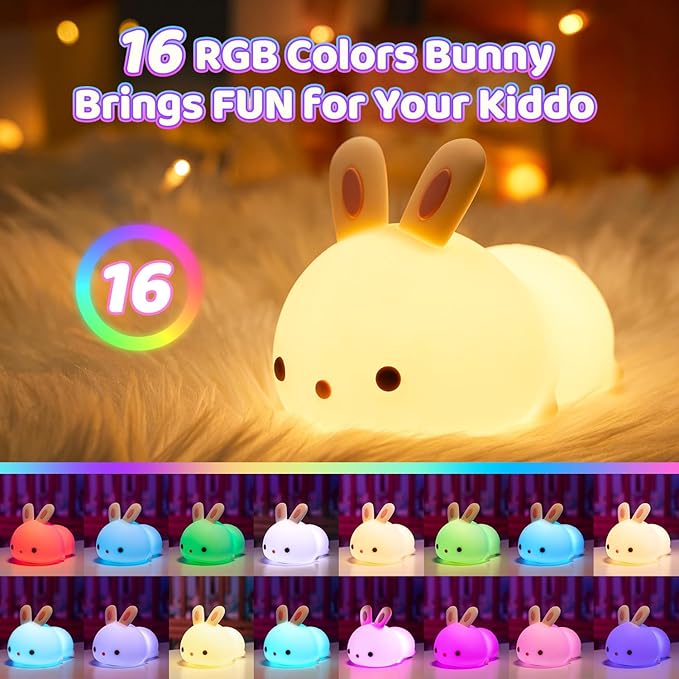 OneFire Night Light for Kids Christmas Gifts for Kids, 16 Colors Bunny Toys Cute Lamp, Soft Silicone Baby Night Light, 1200mAh Portable Dimmable Touch Lamps,Kawaii Room Decor,Christmas Gifts for Teens