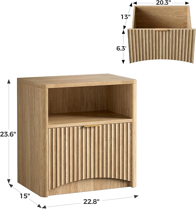 Evermagin Fluted Nightstand Set of 2, Natural Oak Bedside Table with Drawer and Storage, Wood End Table Mid Century Modern, Large Night Stand for Bedroom