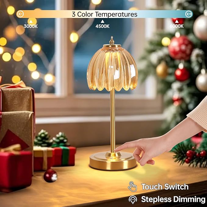 Set of 2 Tulip Table Lamp with 5000mAh Battery & Touch Control, Cordless Small Table Lamp with 3 Colors, Dimmable Rechargeable Table Lamps for Bedroom, Desk, Bedside (Amber Tulip)