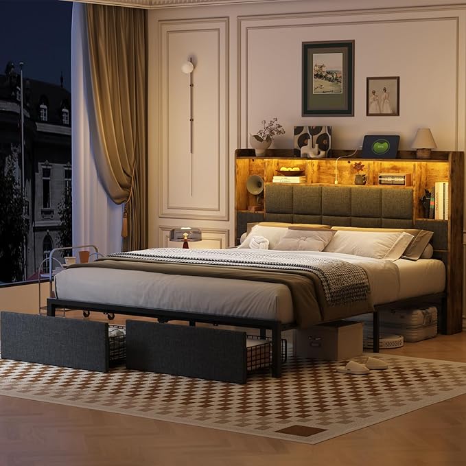 King Size Bed Frame with Bookcase Storage Drawers, LED Lights, Upholstered Platform Bed Frame with Headboard, Charging Station, Metal Slats Support, Noise Free, No Box Spring Needed, Grey