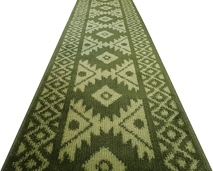 Custom Length Hallway Runner Rug,Slip Resistant,Southwestern Green, 26 Inch X 16 feet, Sold and Priced Per Foot