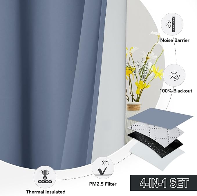RYB HOME Soundproof Curtains for Bedroom, PM2.5 Particle Filter 100% Blackout Energy Saving Small Window Curtains for Baby Nursery Living Room Home Office, Stone Blue, W 42 x L 63 inches, 2 Pcs