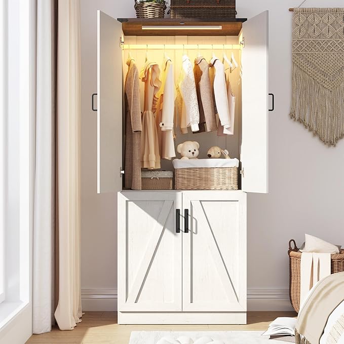 75" Tall Farmhouse 2 Doors Armoire Wardrobe Closet with LED,Freestanding Closet Wardrobe Cabinet for Bedroom with Hanging Rod,Wooden Armoire Storage Cabinet Adjustable(Rustic Off White)