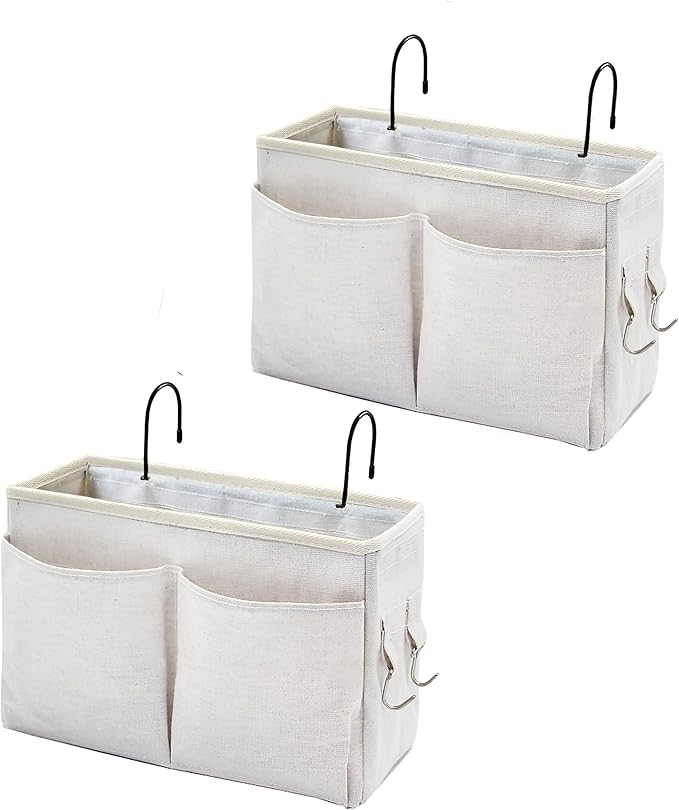 Someteth Bedside Caddy Organizer & Bedside Storage Basket Multi-Function Organizer for Bunk, Hospital Beds, Dorm Bed Rails,| Holds Magazines, Books, Glasses, Phone | Space-Saving (White 2 Pack)