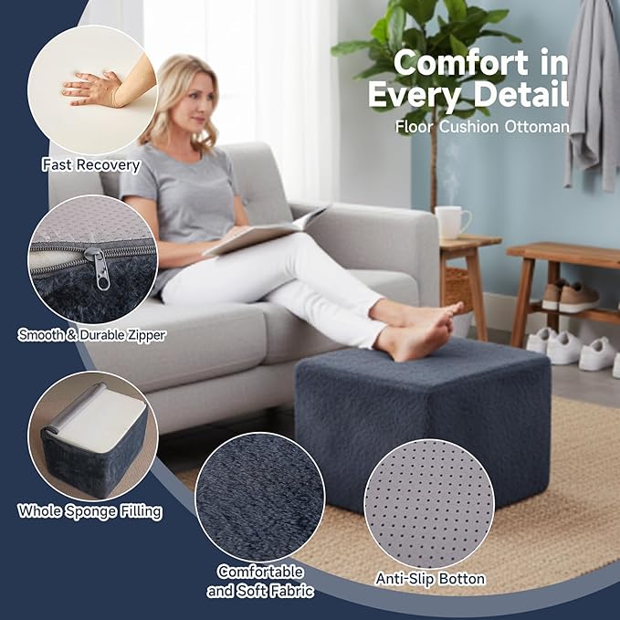 Tiita Stuffed Pouf Ottoman, Square Foot Stool Fluffy Floor Poufs Chair for Living Room Bedroom, Filled Boho Foot Rest for Couch, Blue-Grey
