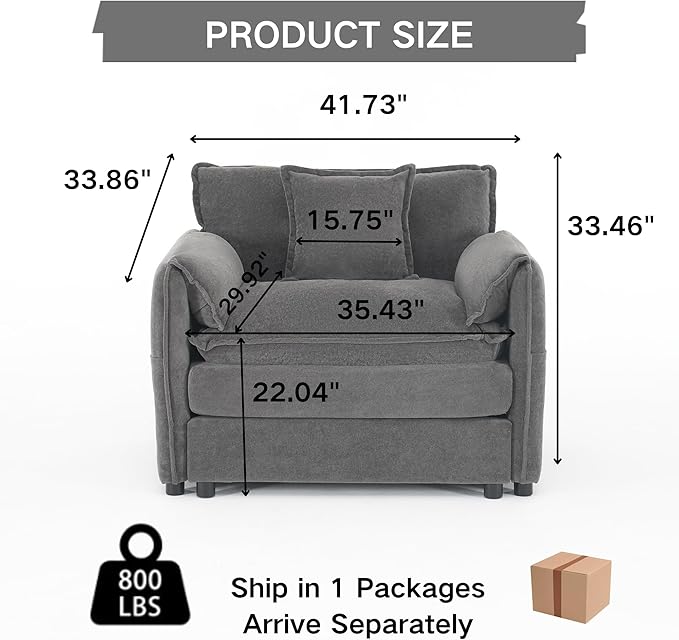 KEIKI Set of 2 Oversized Accent Chairs, Comfy Chenille Upholstered Armchairs with Side Storage Pockets, Deep Seat Reading Chairs for Living Room, Bedroom, or Apartment, Gray