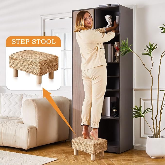 Wimarsbon Natural Seagrass Footstool Ottoman Rectangular Footrest Pouf Ottomans with Wooden Legs Hand Weave Step Stool for Living Room Bedroom Entryway Natural
