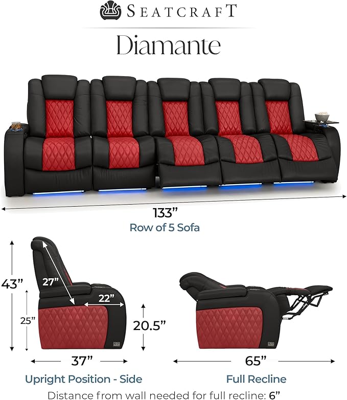 Seatcraft Diamante Zero-Gravity CoolZero Italian Leather Home Theater Seating, Power Headrest, Power Recline, Row of 5 Sofa, Black/Red