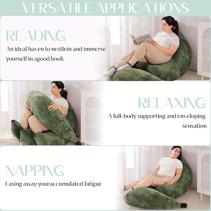 Banana Bean Bag Chair with Ottoman, Floor Sofa Bed with Footrest, Comfy Convertible Lounger for Teens & Adults, Plush Couch for Bedroom, Living Room or Dorm, M-DarkGreen