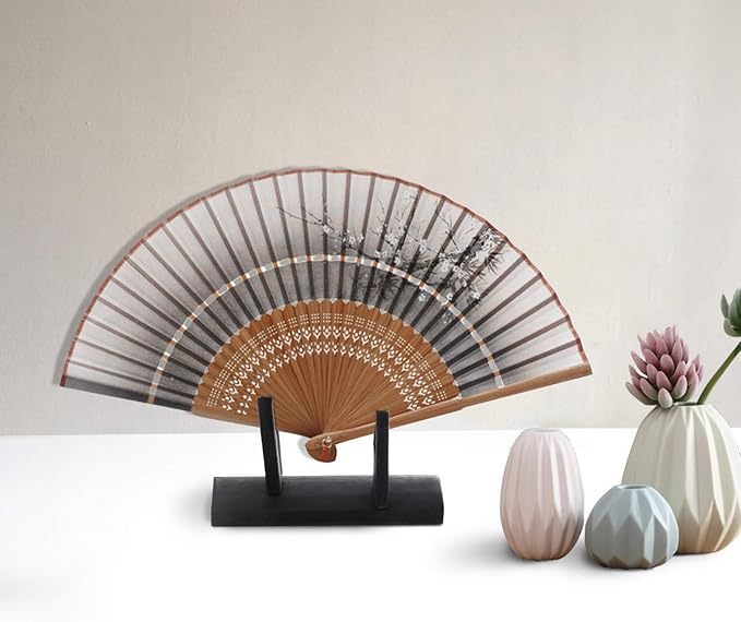 VOSAREA Bamboo Japanese Folding Fan Stand Holder Handheld Fan Display Stand Hand Fan Storage Rack Display Base (Black)