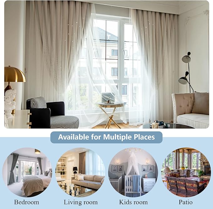 Star Double Layer Blackout Curtains for Bedroom, Kids - Cute, 84 Inches Long, 2 Panels Set, Beige, 42 X 84 Inches