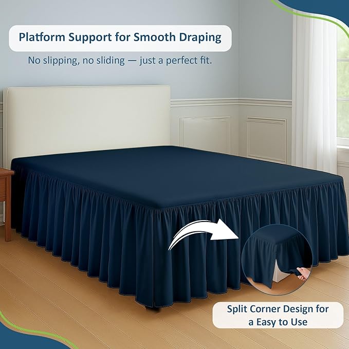 Rajlinen Ruffled Bed Skirt Full, 18 Inch Drop Dust Ruffle with Split Corners, 100% Microfiber Bedskirt with Platform, Three-Sided Coverage Ruffled Gathering Design, Navy Blue