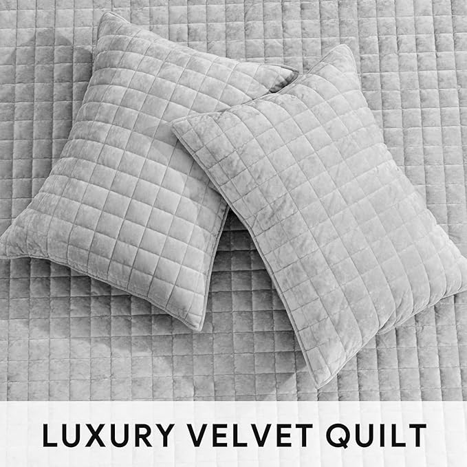 RECYCO Luxury Velvet Quilt Set King Size Bedding Sets, Ultra Soft Velvet Comforter Set, Lightweight Channel Box Stitch Oversized Bedspread Coverlet for All Season, with 2 Shams, Frost Gray