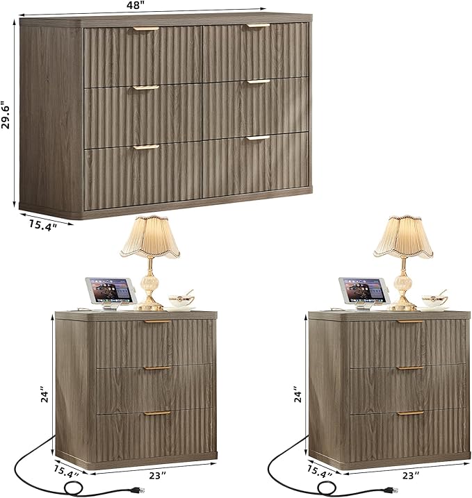 LEYAOYAO 48" Wide Fluted Dresser and 3 Drawers 23" Nightstand Set of 2, Wooden Dresser & Night Stand with Charging Station, 3 Piece Bedroom Furniture Set, Wood Chest of Drawer for Living Room,Grey