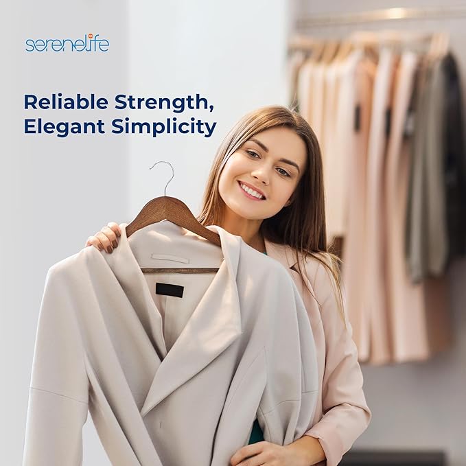 SereneLife 50-Pack Wooden Coat Hangers – Durable Suit Hangers with 360° Swivel Hook & Notches – Slim Design for Shirts, Jackets, Dresses, and More (Vintage)