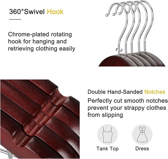 TOPIA HANGER Wooden Suit Hangers with Adjustable Metal Clips (20 Pack), Solid Wood Clothes Hangers, 360° Swivel Hook, Premium Retro Finish Pants Hangers for Clothes Coat, Jeans, Blouse- Cherry CT28M20