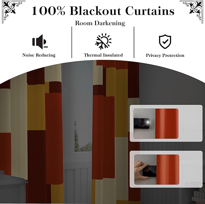 Rust Burnt Orange 100% Blackout Curtains for Bedroom 96 inch Long 2 Panels Set Modern Abstract Geometric Black Out Curtains Insulated Room Darkening Window Drapes for Living Room, 52Wx96L