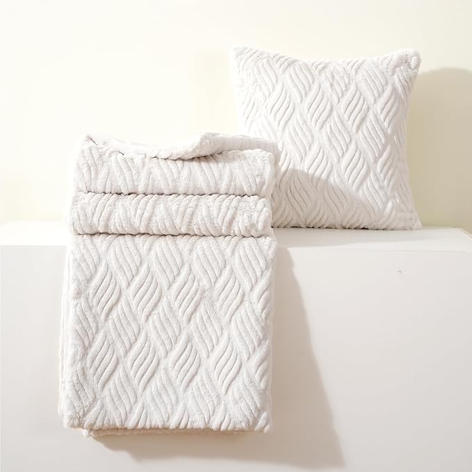 BATTILO HOME White Faux Fur Throw Blanket for Couch, Bed, Cream Faux Rabbit Fur Blanket Throw 50"x60", Blanket, Ivory Blanket with 1 Fur Pillow Cover, 18"x18"