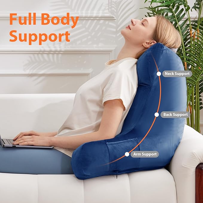 IPYNBAP Reading Pillow with Arms for Adult, Back Pillow for Bed Sitting Up, Shredded Memory Foam Backrest Pillow with Pockets & Removable Washable Cover, Lounging, Watching TV, Reading(24" Navy Blue)