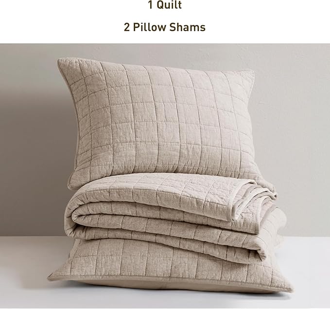 Hyde Lane Luxury Linen Quilt Set Queen Size, Organic European Flax Cotton Blend Bedding for Bedspread and Coverlet, Box Stitched, with 2 Pillow Shams, 90"x96", Linen