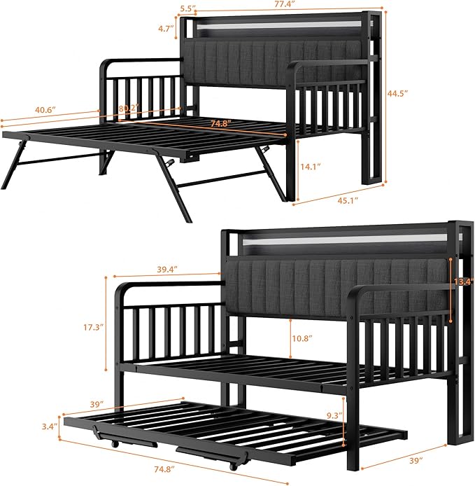 Daybed with Trundle and LED Light, Heavy Duty Metal Twin Bed Frame with Upholstered Storage Headboard & Charging Station, Day Bed Pop Up Trundle Bed Twin for Living Room,Bedroom and Guest Room, Black