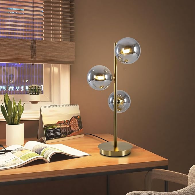 Mid Century Globe Table Lamp, Modern 3 Lights Gold Brass Desk Lamp, Contemporary Smoky Grey Glass Globe Bedside Lamp for Bedroom Living Room Study Room
