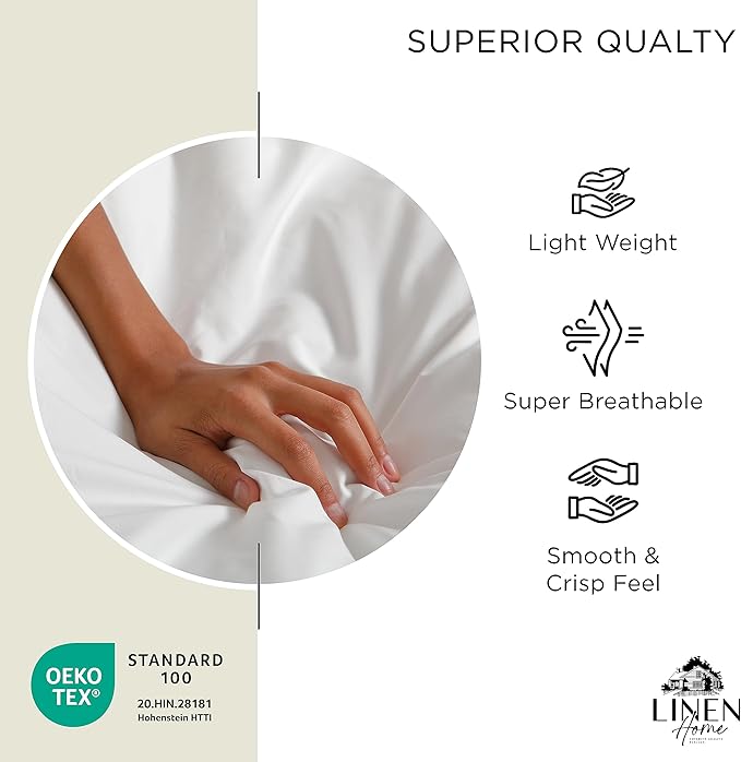 Linen Home 100% Cotton Percale Sheets King Size, Cream, Deep Pocket, 4 Pieces Set - 1 Flat, 1 Deep Pocket Fitted Sheet and 2 Pillowcases, Crisp Cool and Strong Bed Linen