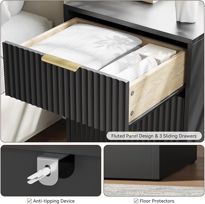 9 Drawer Black Dresser & Nightstand Set 3-Piece - 63” Long Fluted Dresser Set Night Stand Set of 2 with Metal Handle, Modern Wood Chest of Drawers Storage Dressers Set for Bedroom, Black
