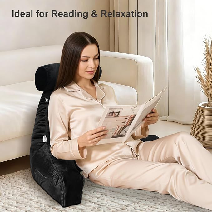 mittaGonG Reading Pillow for Sitting in Bed Adult with Detachable Neck Roll & Big Backrest Pillow for Bed Sitting up with Arms Side Pocket Shredded Foam Large Back Chair Pillow with Washable Cover