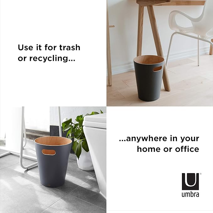 Umbra Woodrow 2-Gallon Modern Wooden Trash Can Wastebasket, Attractive Bin for Garbage or Recycling, Suitable for Home or Office, Dark Grey/Natural