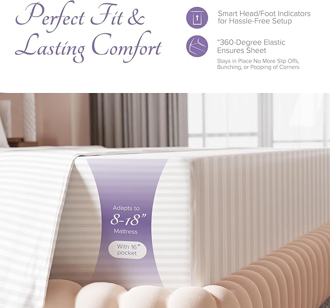 Carressa Linen Luxury Egyptian Cotton California King Stripe Sheet Set - 600 Thread Count Extra Long Staple 4 PC Set, Crisp White Cal King Stripe Sheets, Soft, Cooling Sheets Upto 18 in Deep Pocket